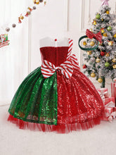 Young Girls' Colorblock Sequin Mesh Bow Decor Elegant Performance Princess Dress For Shows, Holidays, Parties, Hair Band Included